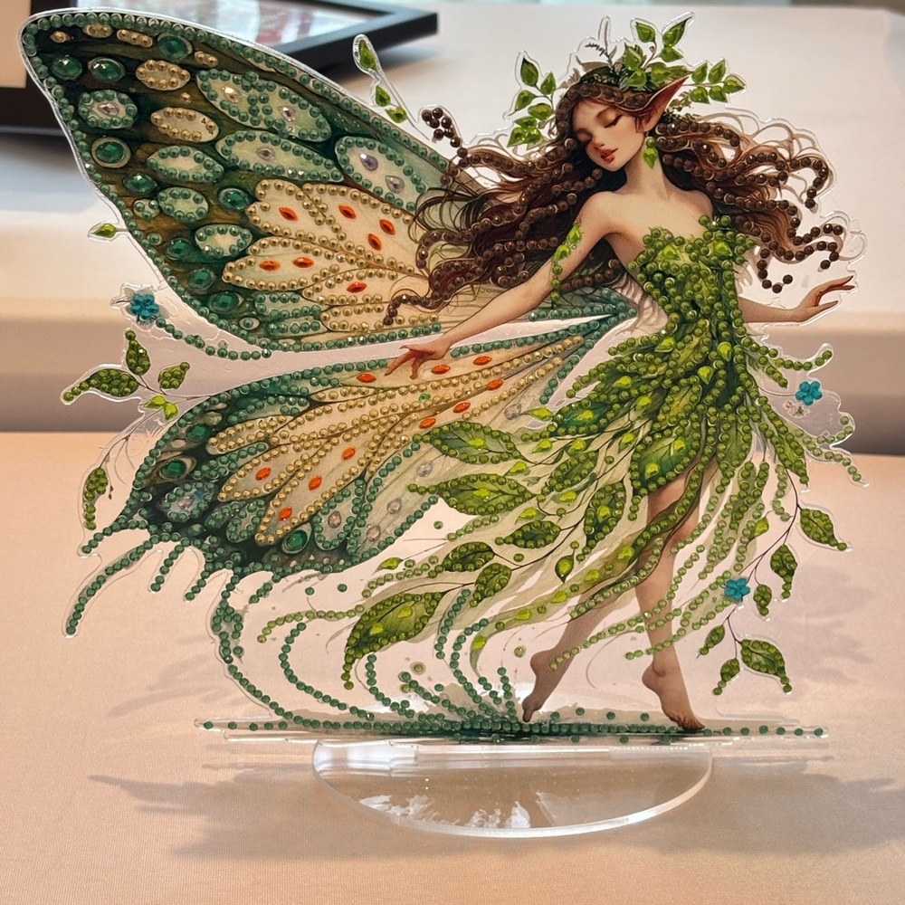 Handmade Diamond Art - Enchanted Fairy Art Sculpture - Green and Orange